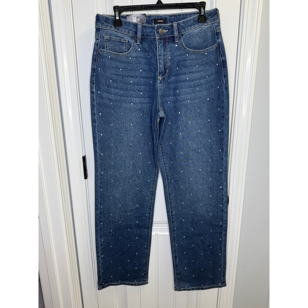 Express Embellished Jeans 6 Blue Rhinestone‎ Straight Leg High Rise Night Out